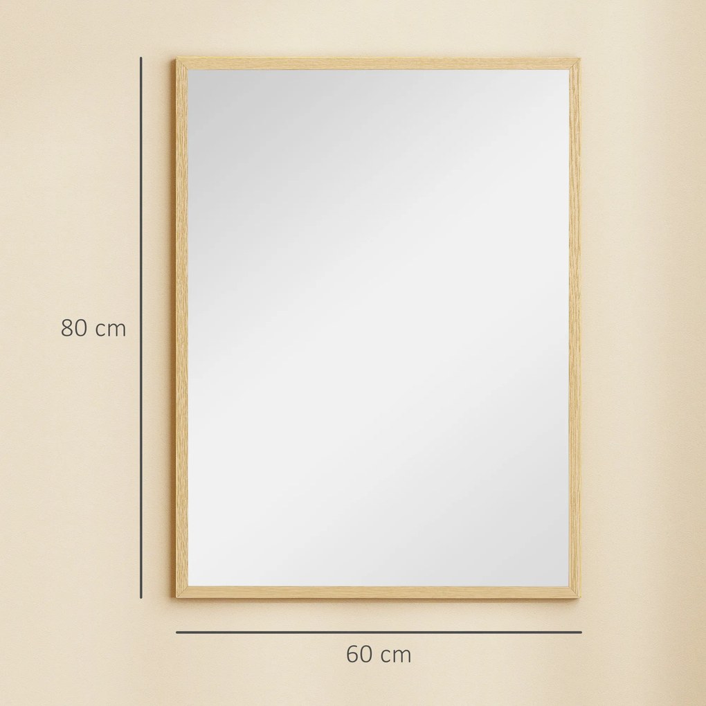 HOMCOM Oglindă de perete dreptunghiulară cu cârlige, din sticlă și MDF, 60x80 cm, finisaj lemn | Aosom Romania