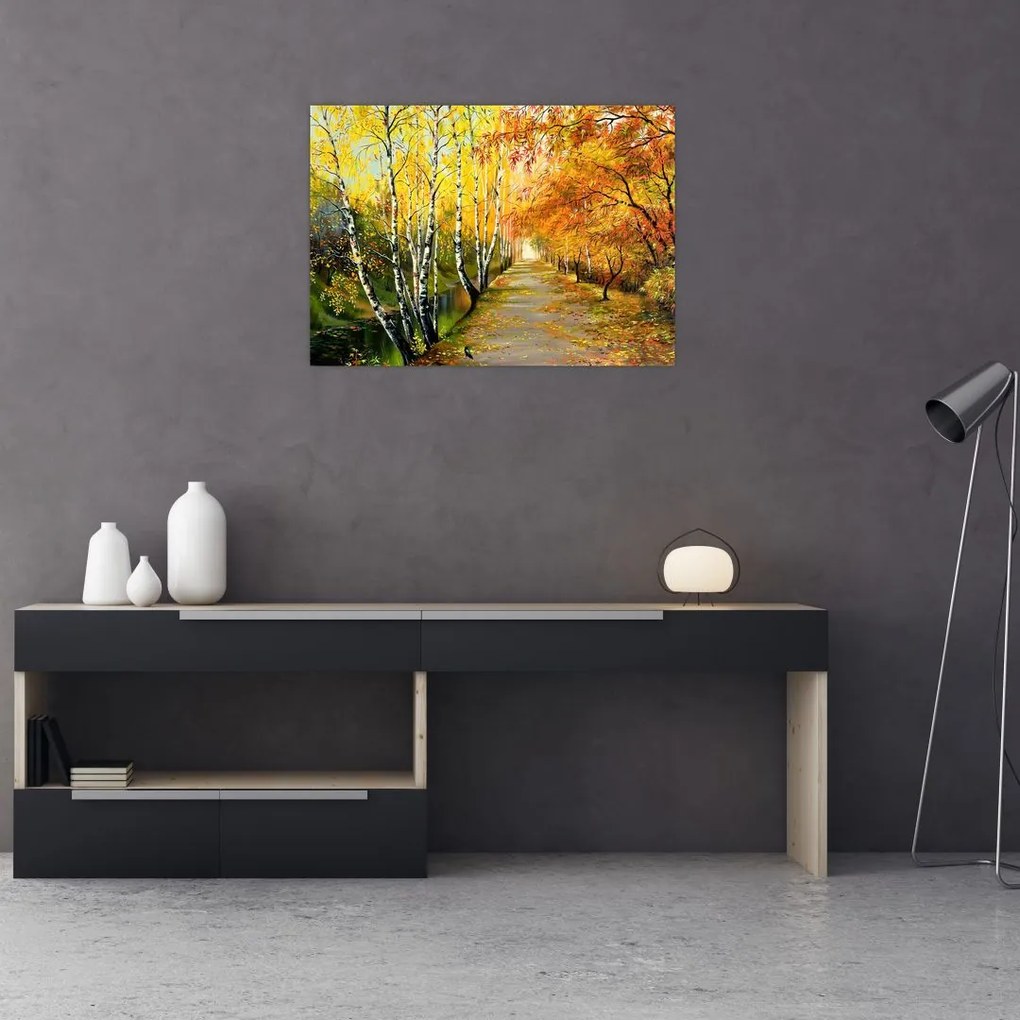 Tablou pe sticlă - Alee romantică de-a lungul apei, pictură în ulei (70x50 cm)