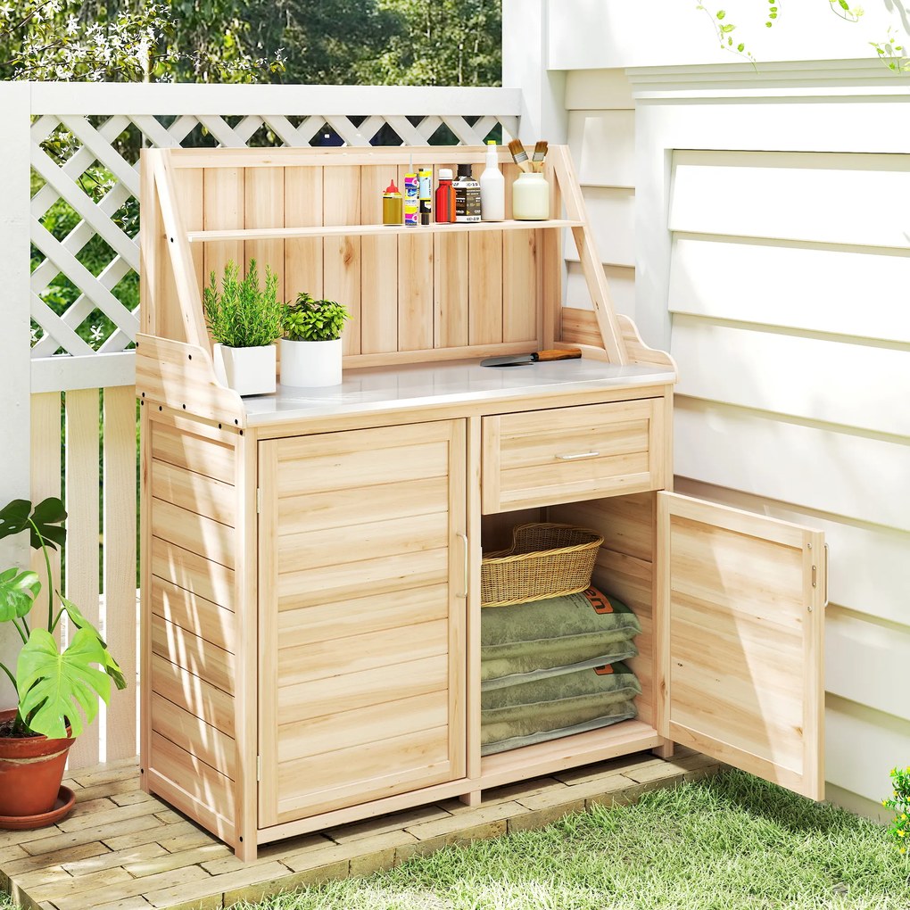 Outsunny Dulap de Grădină din Lemn cu Blat din Metal Galvanizat Sertar și Etajeră 100x45x129,5cm Natural | Aosom Romania