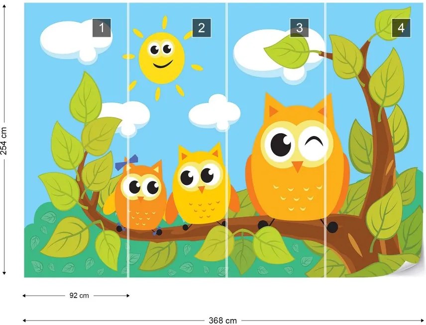Fototapet GLIX - Kid'S Cartoon Owls In Tree + adeziv GRATUIT Papírová tapeta  - 368x254 cm
