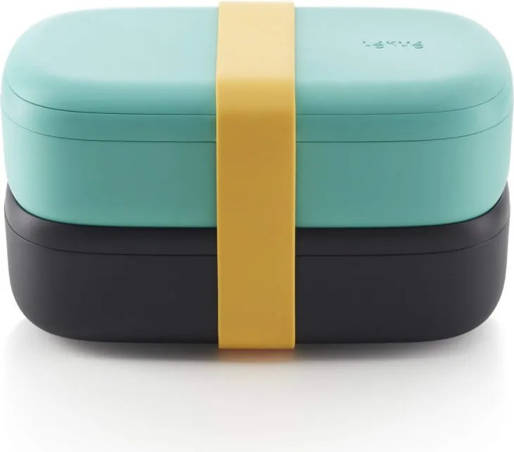 Set 2 cutii pentru alimente Lekue On The Go 1010220, 2x500 ml, Inchidere ermetica, Compartiment tacamuri, Supapa pentru cuptorul cu microunde, Turcoaz/ Negru