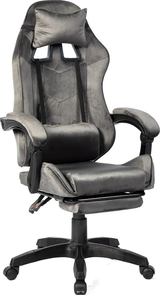 RESIGILAT- Scaun gaming, masaj în perna lombară, suport picioare, textil, Gri