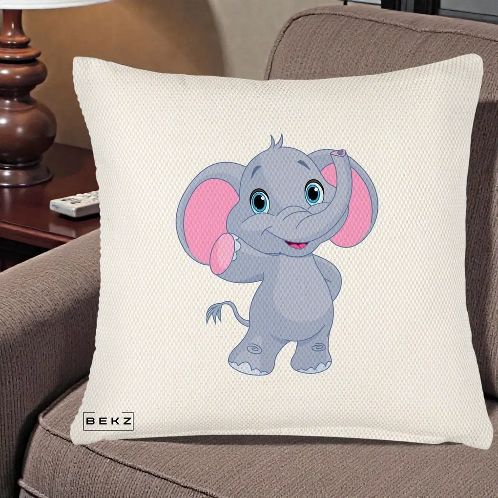 Perna Decorativa Pui de Elefant Kawaii, 40x40 cm, Crem Reliefat, Husa Detasabila, Perna Inclusa, BEKZ®