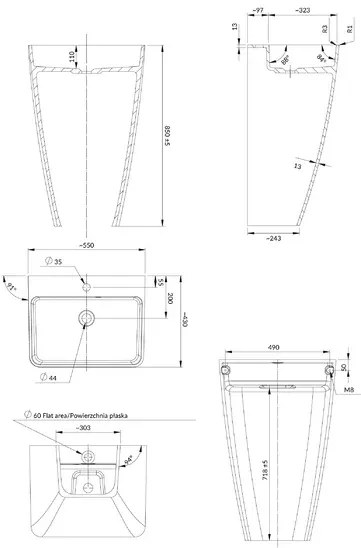 Lavoar freestanding Omnires Parma M+ dreptunghiular alb 55 cm