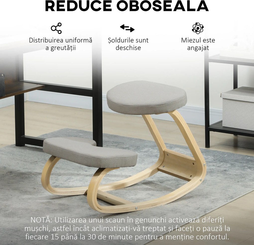 HOMCOM Scaun pentru genunchi cu balansare, din țesătură cu aspect de in și lemn, Gri | Aosom Romania