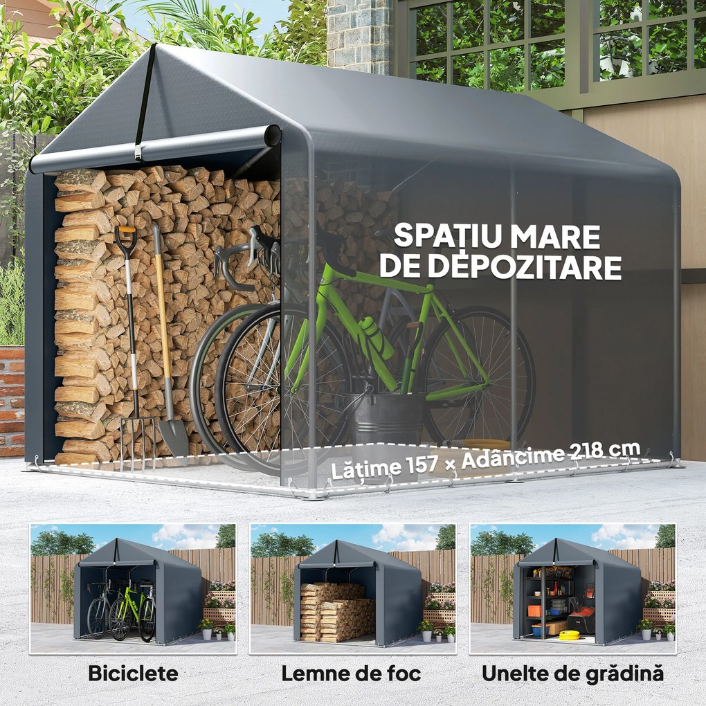 Outsunny Garaj Motociclete pentru Exterior 1,6x2,2m, Tenta Garaj cu Acoperire Impermeabilă, Ușă cu Fermoar, pentru Biciclete și Unelte din Oțel Zincat, Gri | Aosom Romania