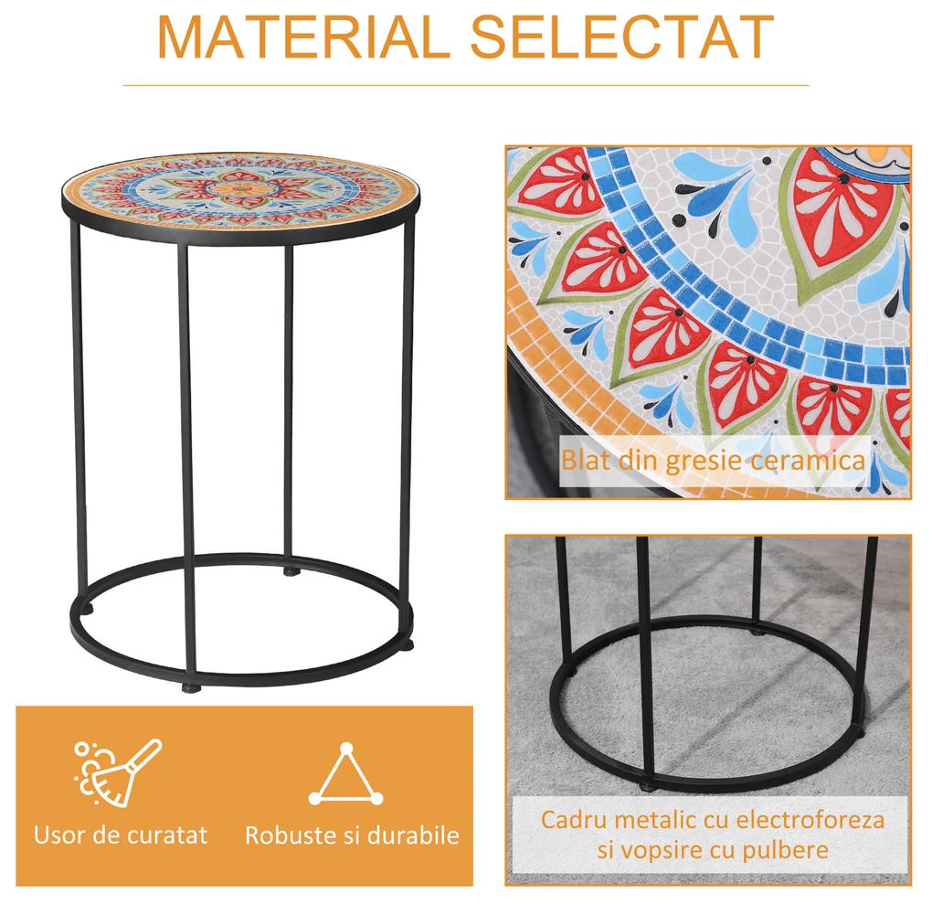 Outsunny Set de Gradina 2 Mese de Gradina din Metal si Ceramica cu Blat Mozaic, Ф41x53 cm e Ф36x49.5 cm, Multicolor