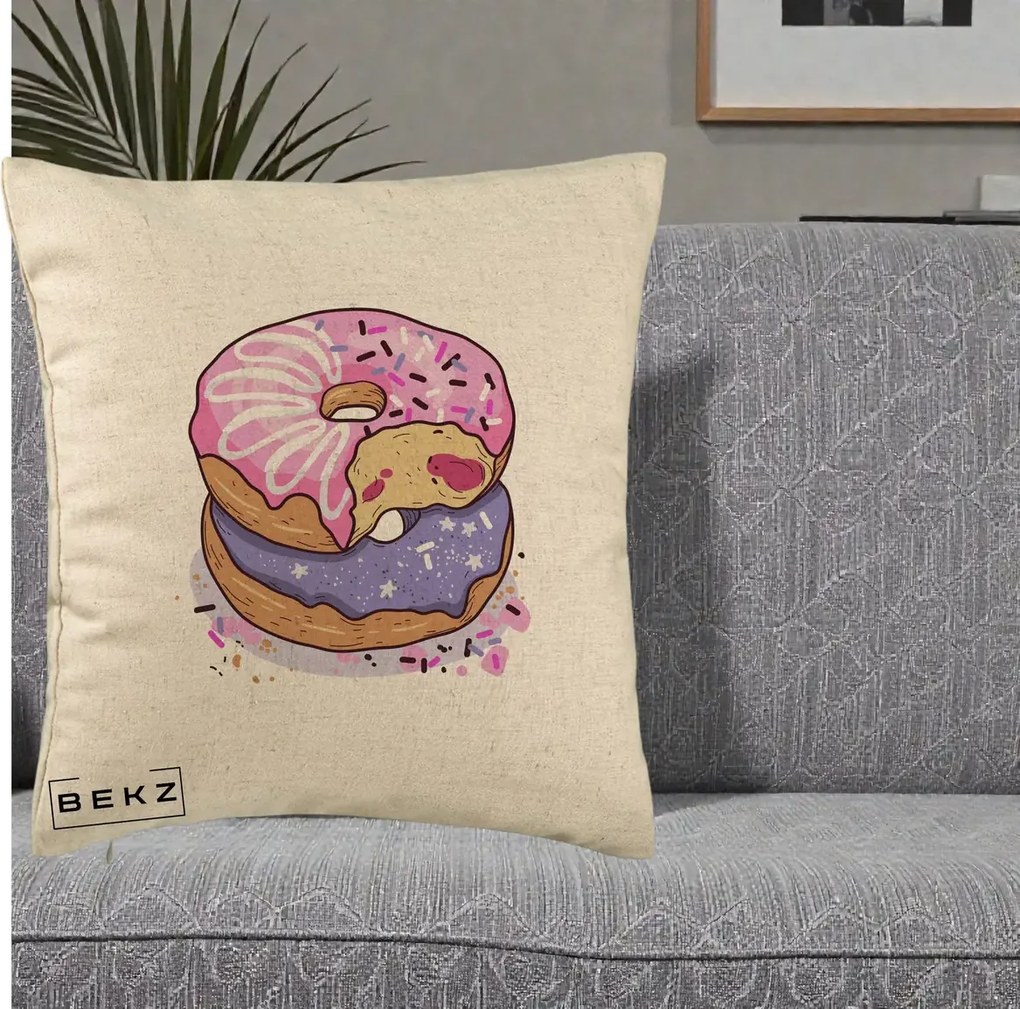 Perna Decorativa Donuts Roz si Mov, 40x40 cm, Bej, Husa Detasabila, Perna Inclusa, BEKZ®