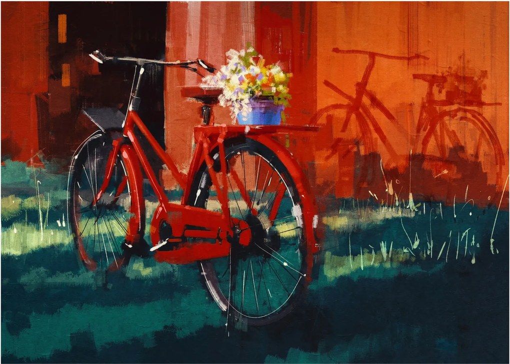 Tablou pe sticlă - Bicicleta roșie, pictură acrilică (70x50 cm)