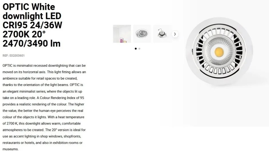 Spot LED incastrabil OPTIC White downlight LED CRI95 24/36W 2700K 20° 2470/3490 lm