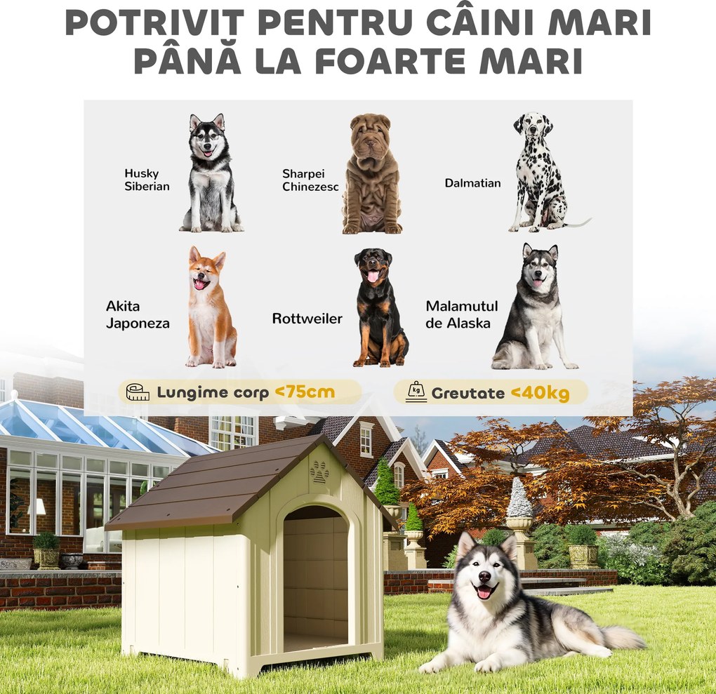 PawHut Căsuță pentru Câini de Exterior, Talie Mare și XL, Adăpost din Plastic Impermeabil cu Bază Ridicată, Ferestre și Acoperiș Înclinat pentru Grădină, Terasă, Curte, 102x94x103 cm, Bej | Aosom Romania
