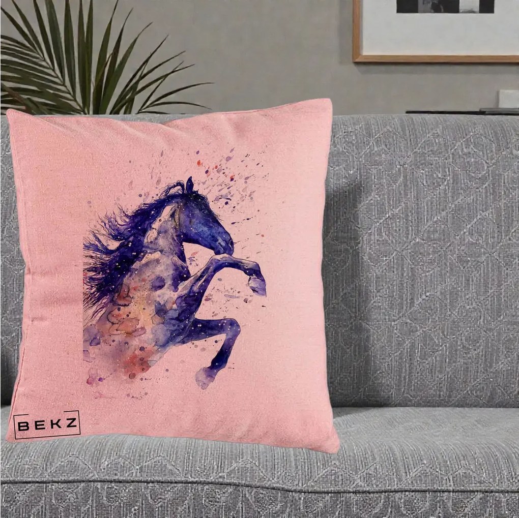 Perna Decorativa Cal Albastru Acuarela, 40x40 cm, Roz, Husa Detasabila, Perna Inclusa, BEKZ®