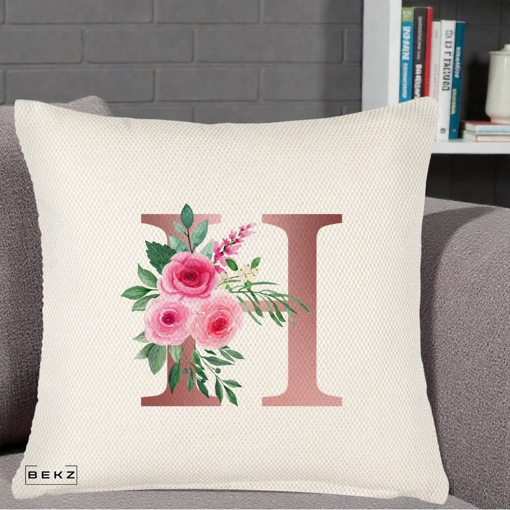 Cadou Personalizat - Perna Personalizata Monograma Rose Gold Litera H, 40x40 cm, Crem Reliefat, Husa Detasabila, Perna Inclusa, BEKZ®