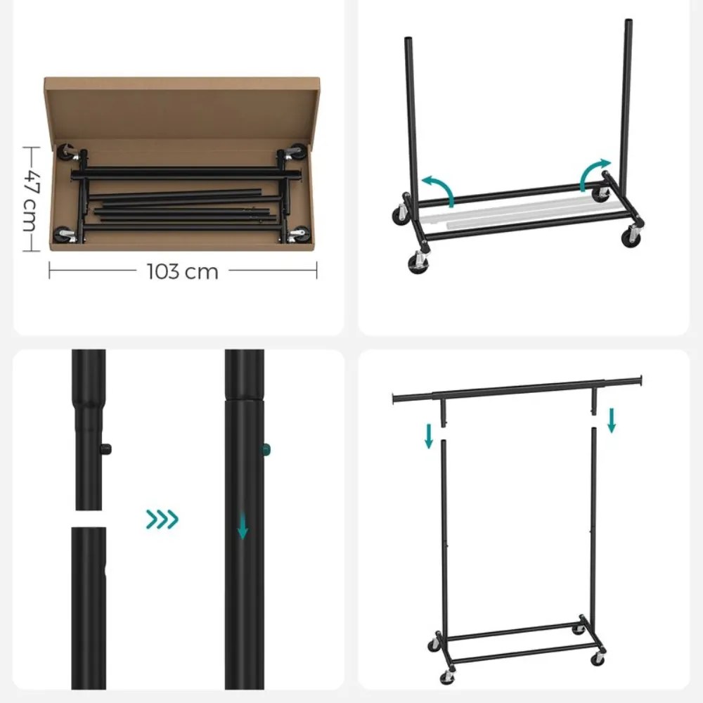 SongmicsHome Suport pentru haine INEZ cu roți, max.90kg, 83,5x45x160cm, negru