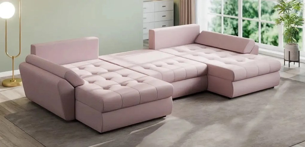 Colțar extensibil dumonde cu ladă de depozitare si sezut confortabil din spuma high-density, Loana U Enjoy Flamingo 355x185 cm