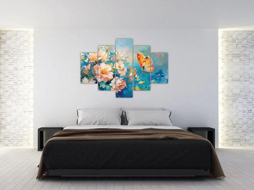 Tablou - Fluture și flori, pictură în ulei II. (150x105 cm)