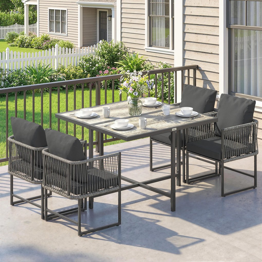 Outsunny Set mobilier grădină din polyrattan 5 piese, economisire de spațiu, set cu masă și 4 scaune, blat DPC, perne, gri | Aosom Romania