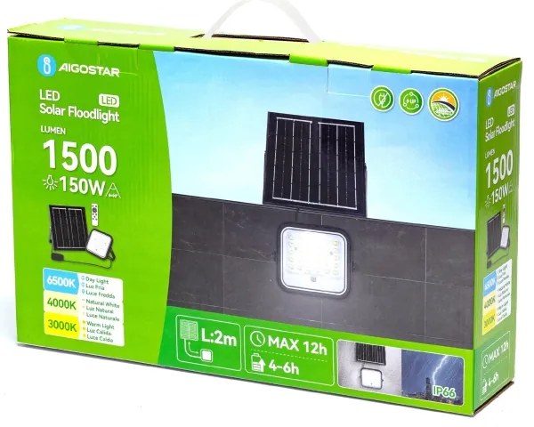 Aigostar - Proiector solar LED cu intensitate reglabilă, 150W, 3,4V, IP66, cu telecomandă