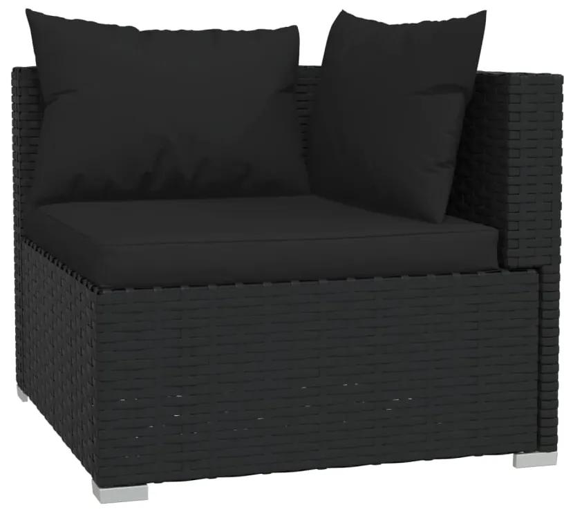 Set mobilier de gradina cu perne, 6 piese, negru, poliratan Negru, colt + 2x mijloc + 2x suport pentru picioare + masa, 1