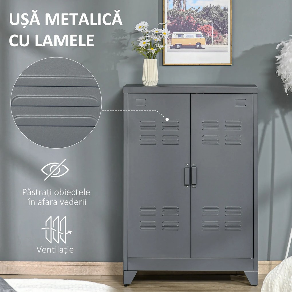 Dulapior Multifunctional cu 2 Usi Stil Industrial, Dulapior Metalic pentru Casa si Garaj - Gri, 75x33x110cm HOMCOM | Aosom RO