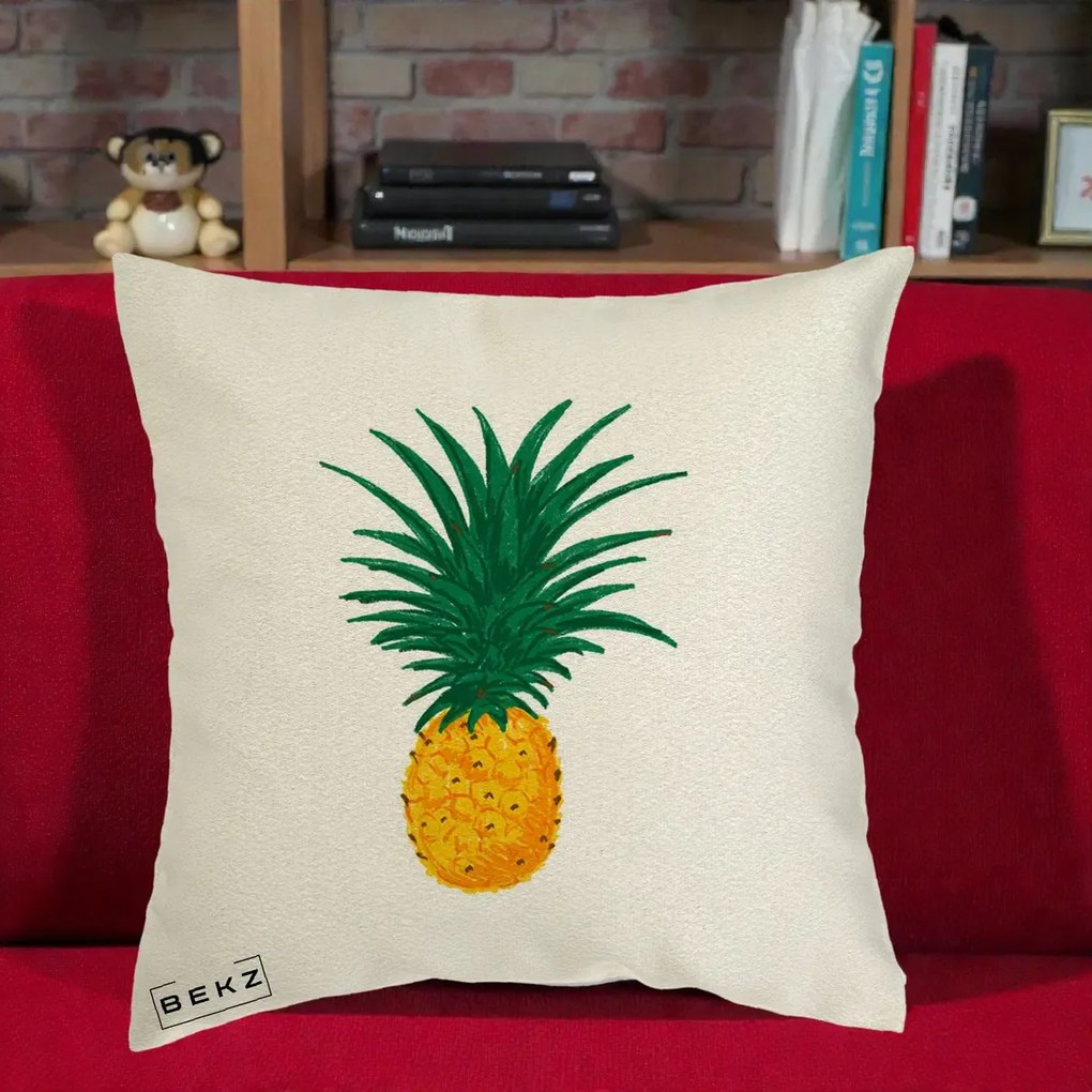 Perna Decorativa Ananas Tropical, 40x40 cm, Ecru, Husa Detasabila, Perna Inclusa, BEKZ®