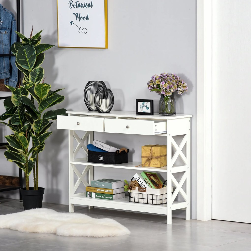 HOMCOM Consolă, cu 2 Sertare și Rafturi Reglabile, Design Modern, Structură Solidă cu Sistem Anti-Răsturnare, 100x30.5x80 cm, Albă | Aosom Romania