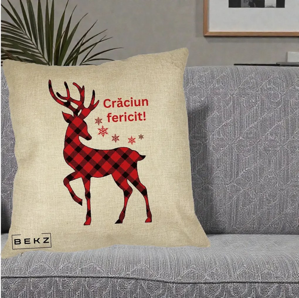Perna Decorativa Ren Tartan Craciun Fericit, 40x40 cm, Crem, Husa Detasabila, Perna Inclusa, BEKZ®