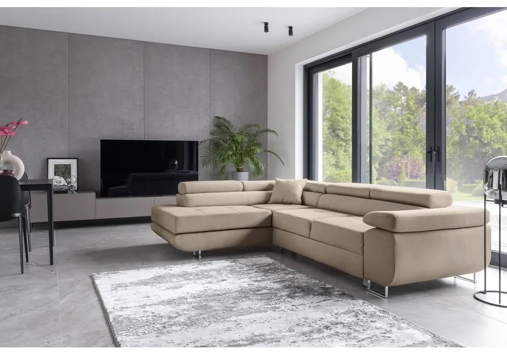 Colțar bej extensibil/cu spațiu de depozitare (cu colț pe partea stângă/în formă de ”L”) Anton – ELTAP