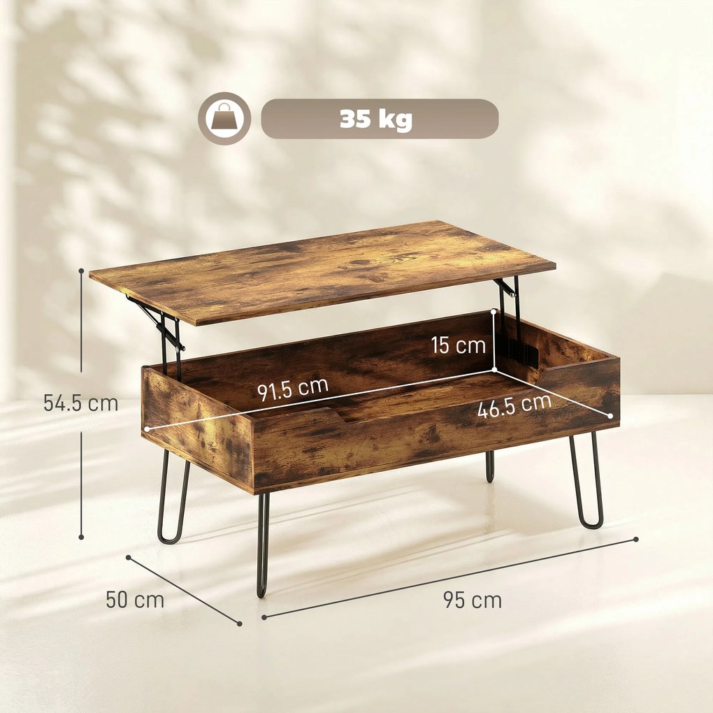 HOMCOM Masă de cafea dreptunghiulară din lemn cu depozit mare ascuns, înălțime reglabilă, 95 x 50 x 40 cm, Maro rustic | Aosom Romania