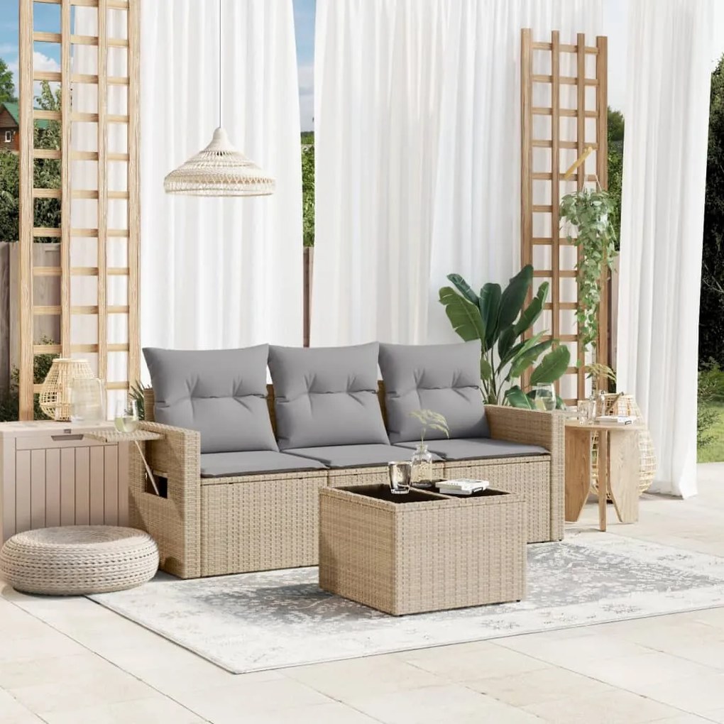 vidaXL Set canapele de grădină, 4 piese, cu perne, bej, poliratan