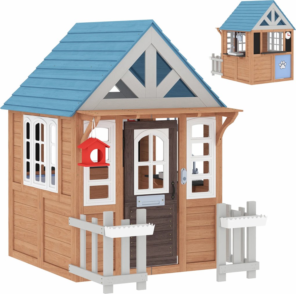 AIYAPLAY Căsuță de joacă exterioară din lemn, casă pentru copii interior/exterior cu ușă pentru animale, bucătărie de joacă, maro | Aosom Romania