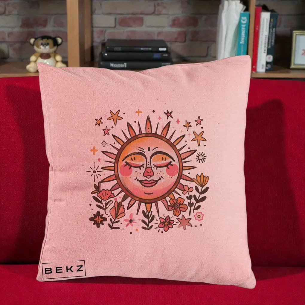 Perna Decorativa Soare Retro Boho Floral, 40x40 cm, Roz, Husa Detasabila, Perna Inclusa, BEKZ®