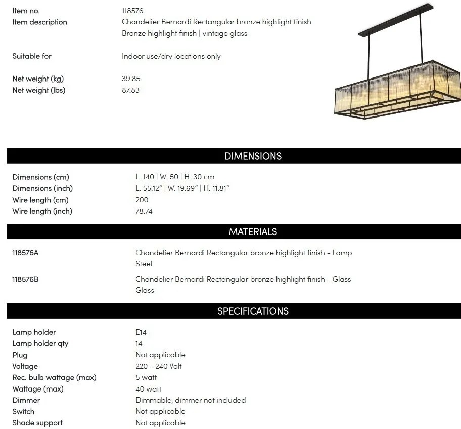 Candelabru rectangular design LUX Bernardi, 140x50cm