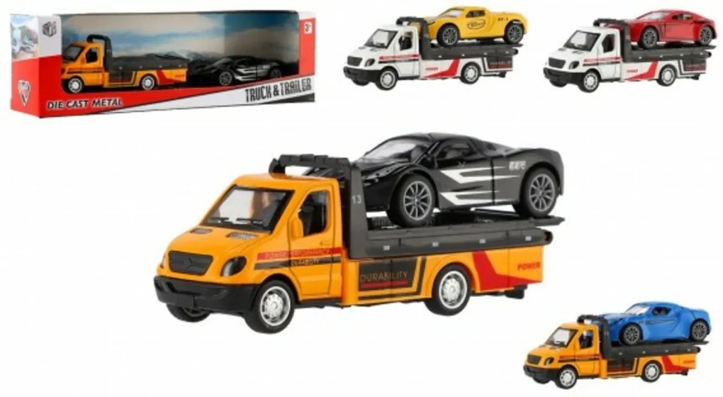 Mașină remorcare camion + mașină metal / plastic 11cm pentru retragere amestec de specii într-o cutie 24x7,5x6