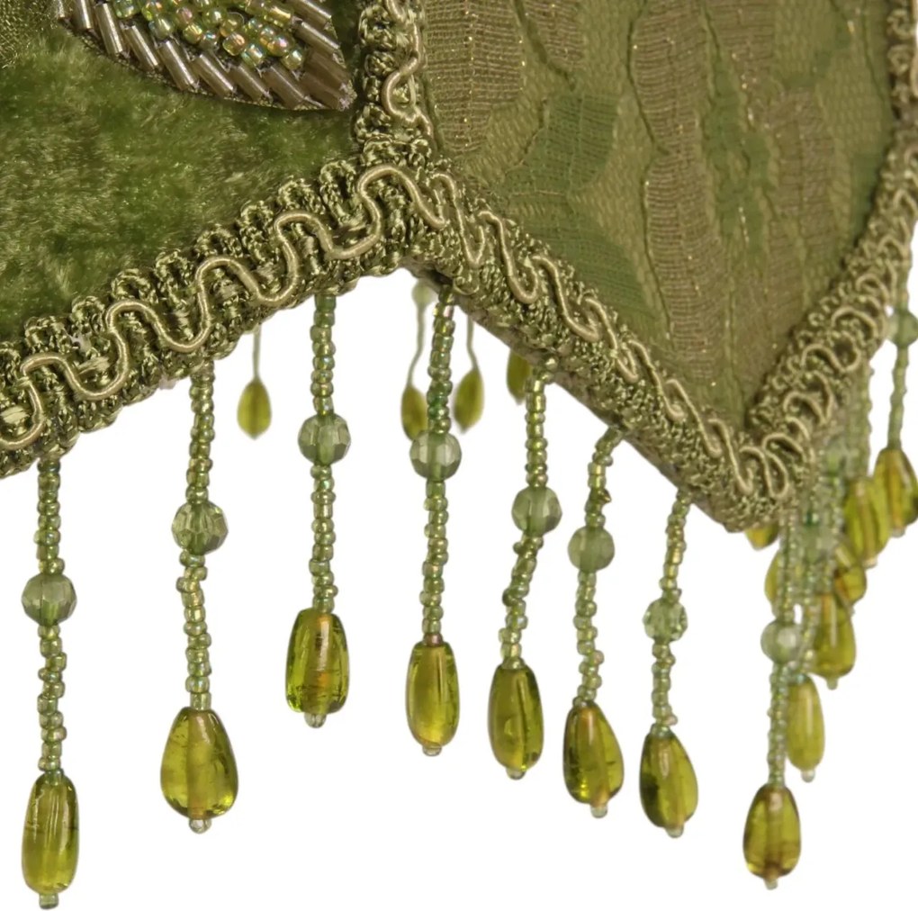 Abajur victorian din catifea, verde, în formă de cupolă, cu margine festonată, rozetă și franjuri cu mărgele, 21 x 33 cm, „Feston”