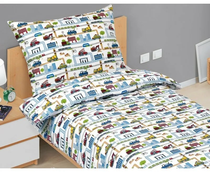 Lenjerie de pat din bumbac pentru copii BellatexJunior City verde, 140 x 200, 70 x 90 cm