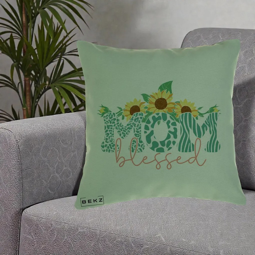 Cadou pentru Mama - Perna Personalizata Mom Blessed cu Floarea Soarelui Animal Print Teal, 40x40 cm, Verde, Husa Detasabila, Perna Inclusa, BEKZ®