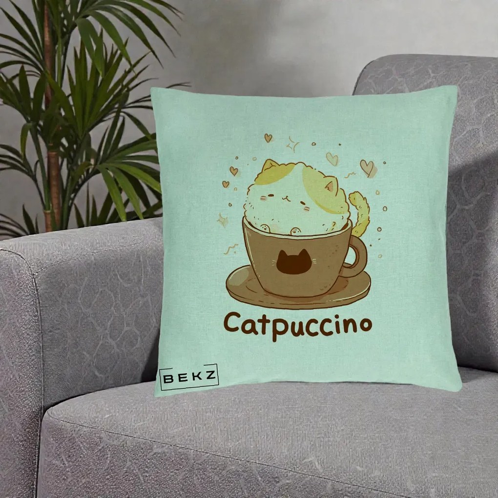 Perna Decorativa Catpuccino Pisica Cappuccino, 40x40 cm, Verde Menta, Husa Detasabila, Perna Inclusa, BEKZ®