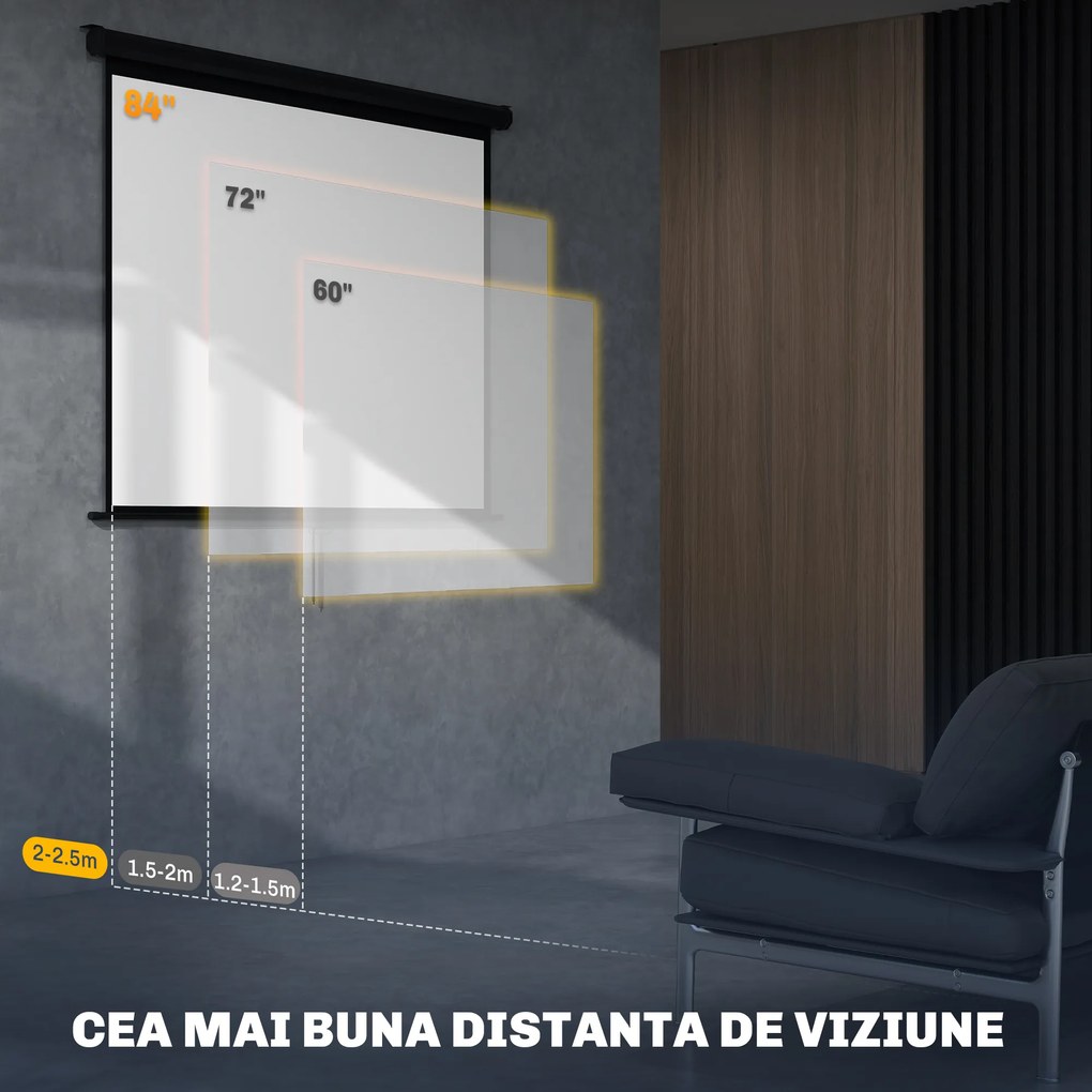 HOMCOM Ecran de Proiecție 84", Format 4:3, Unghi de 160° și Montare pe Tavan sau Perete, Negru | Aosom Romania