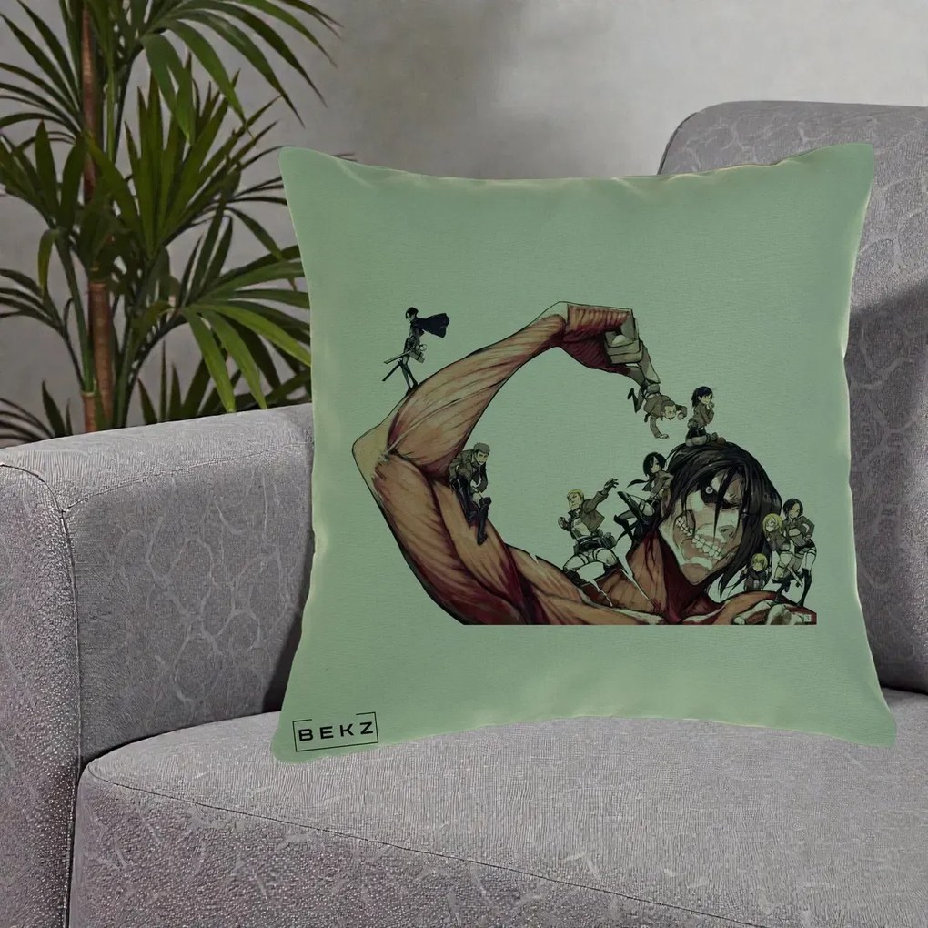 Perna Personalizata Attack on Titan Eren Titan Grup, 40x40 cm, Verde, Husa Detasabila, Perna Inclusa, BEKZ®