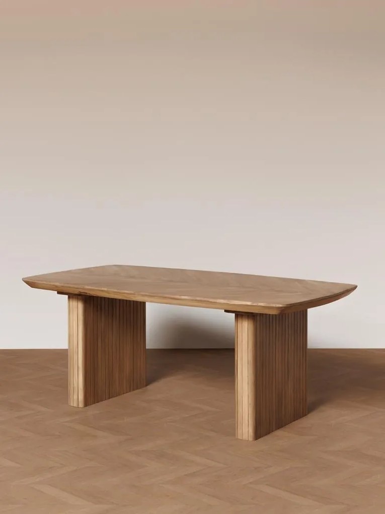 Masă dining cu blat herringbone, dreptunghiulară, din lemn de mango, natur, 8 locuri, cu picioare din lamele verticale, 77 x 190 x 95 cm, „Demira”