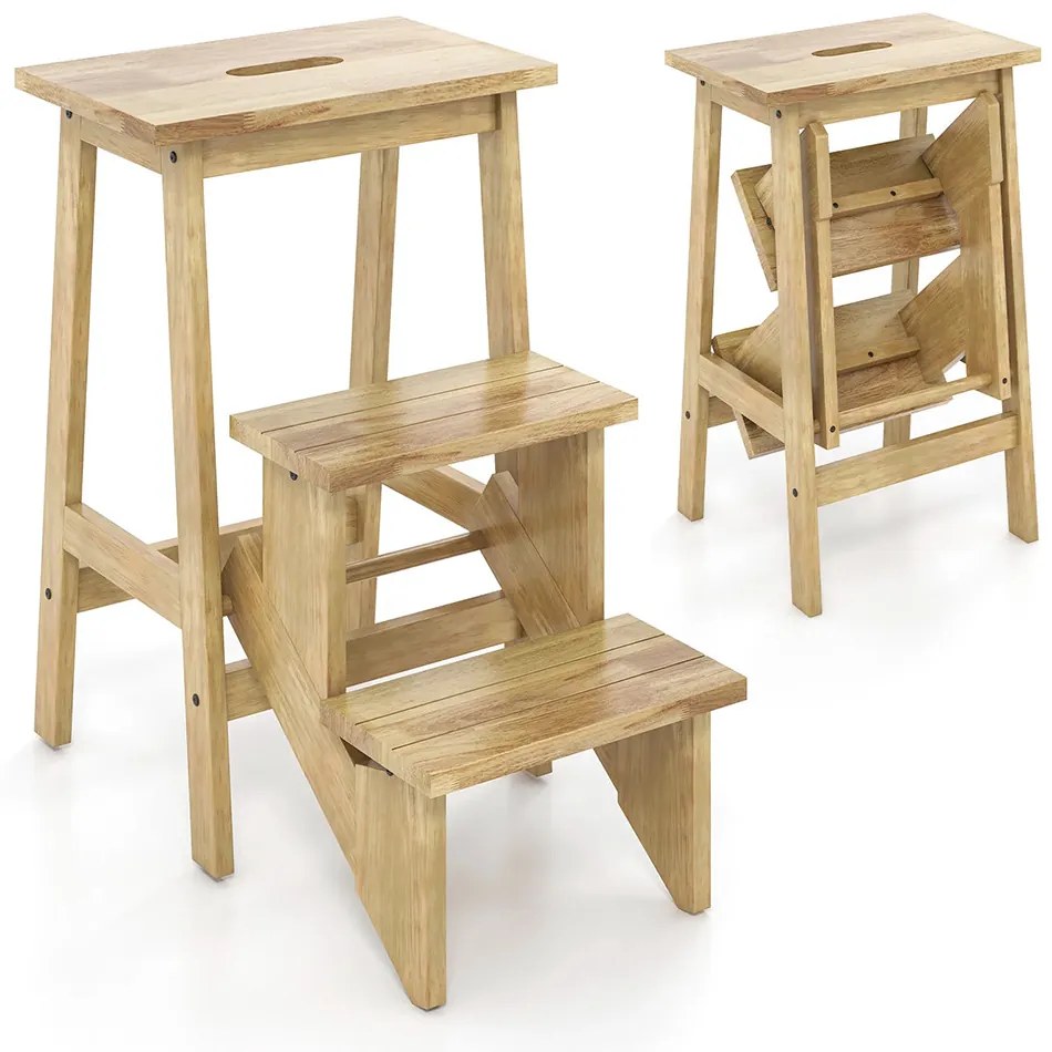 Scăunel pliabil cu 3 trepte, natur