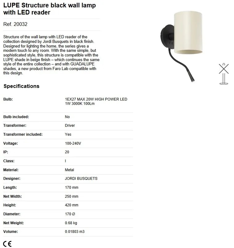 Aplica perete cu reader LED design modern GUADALUPE bej