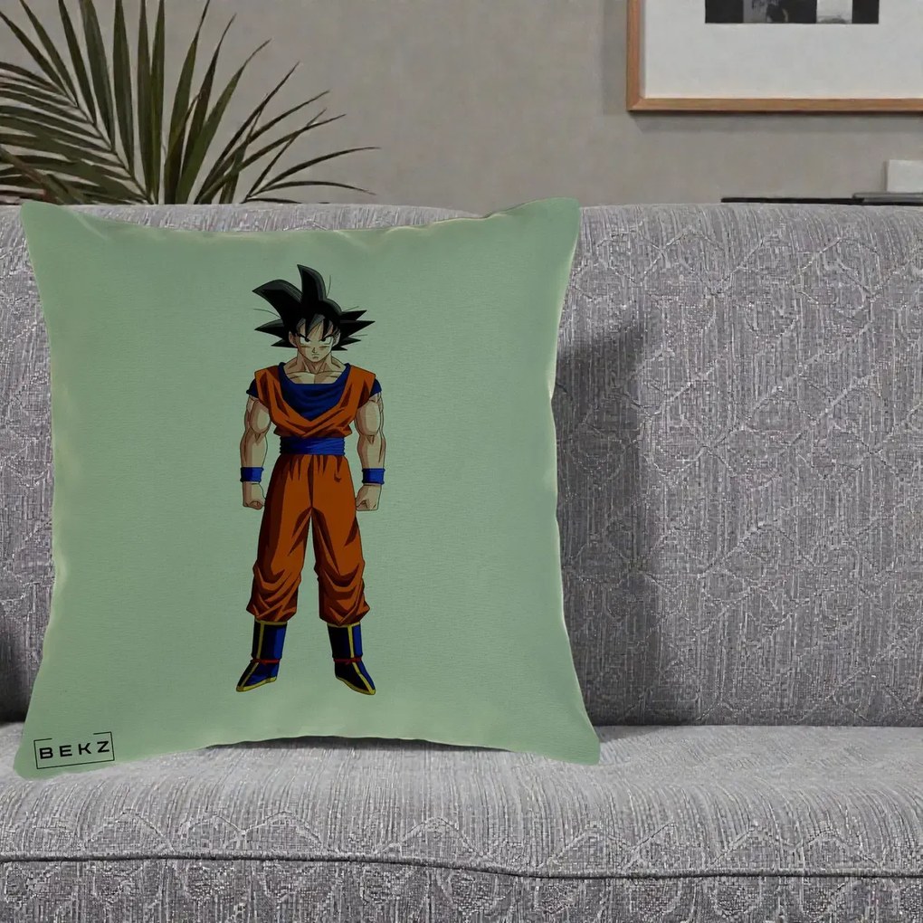 Perna Personalizata Dragon Ball Goku Complet in Gi Portocaliu, 40x40 cm, Verde, Husa Detasabila, Perna Inclusa, BEKZ®