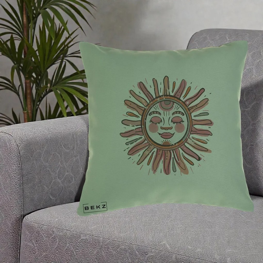 Perna Decorativa Soare Roz Tribal, 40x40 cm, Verde, Husa Detasabila, Perna Inclusa, BEKZ®
