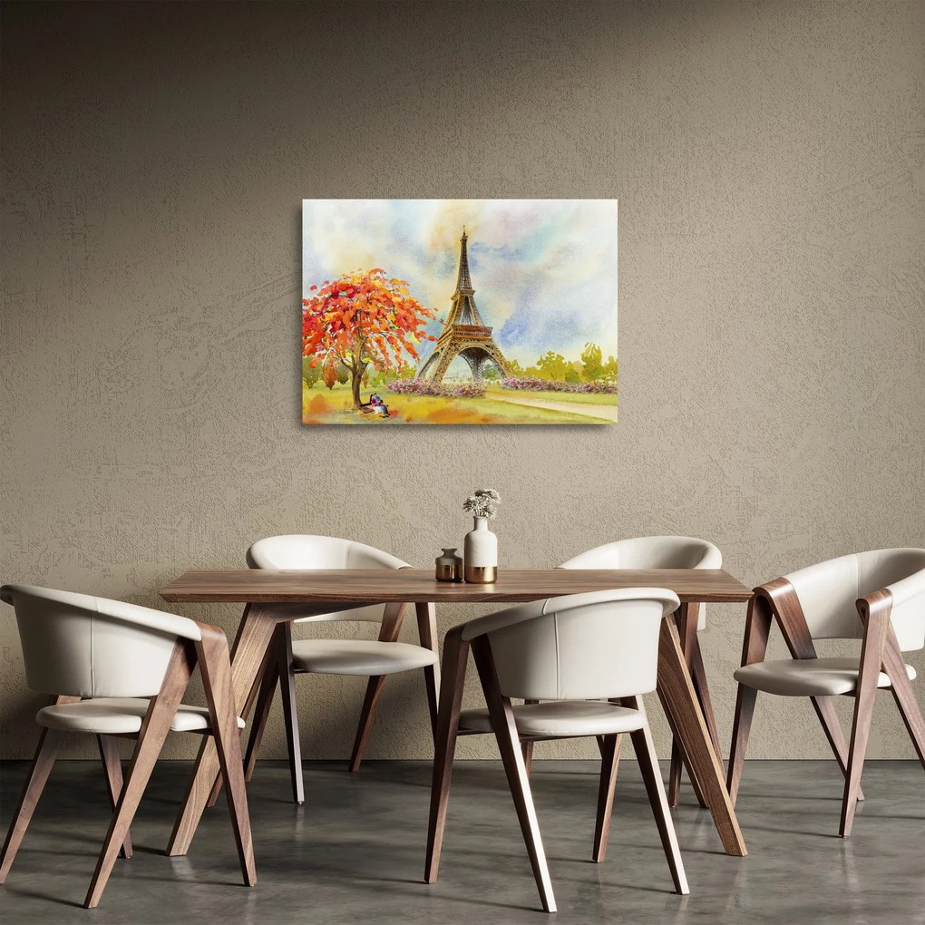 Tablou pe sticlă pictat cu turnul Eiffel (70x50 cm)