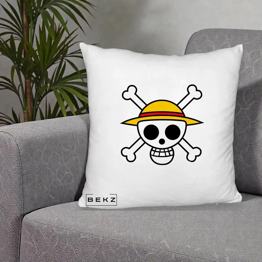 Perna Personalizata One Piece Jolly Roger Straw Hat Pirates, 40x40 cm, Alb Pufos, Husa Detasabila, Perna Inclusa, BEKZ®
