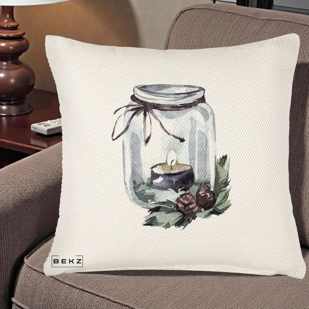 Perna Decorativa Felinar cu Lumanare si Conuri, 40x40 cm, Crem Reliefat, Husa Detasabila, Perna Inclusa, BEKZ®