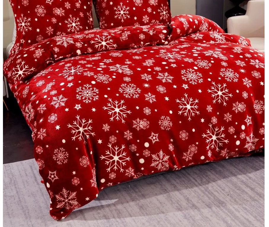 Set 2 buc Lenjerie cocolino SNOWFALL rosu + Cearsaf Cocolino microplus cu elastic SOFT 180x200 cm alb, pat dublu