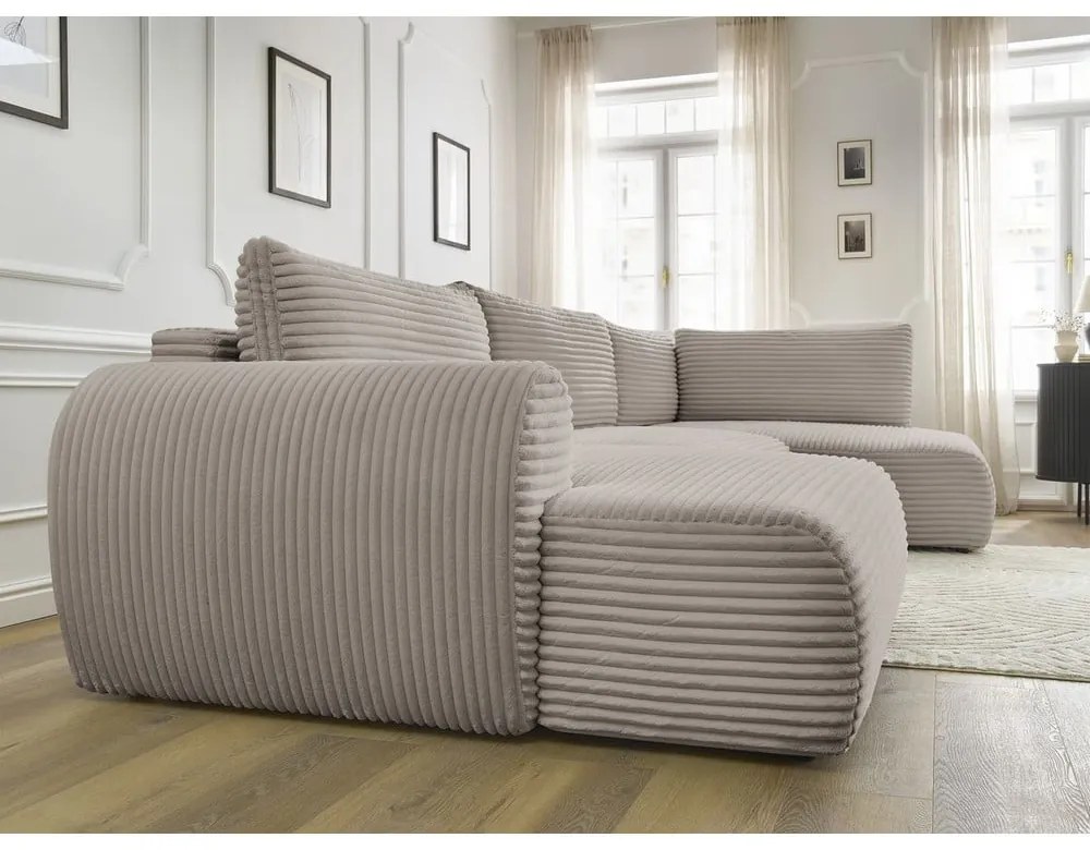 Colțar gri deschis/bej extensibil/cu spațiu de depozitare cu tapițerie din catifea reiată (cu colț pe partea dreaptă/în formă de "U") Lucien – Bobochic Paris